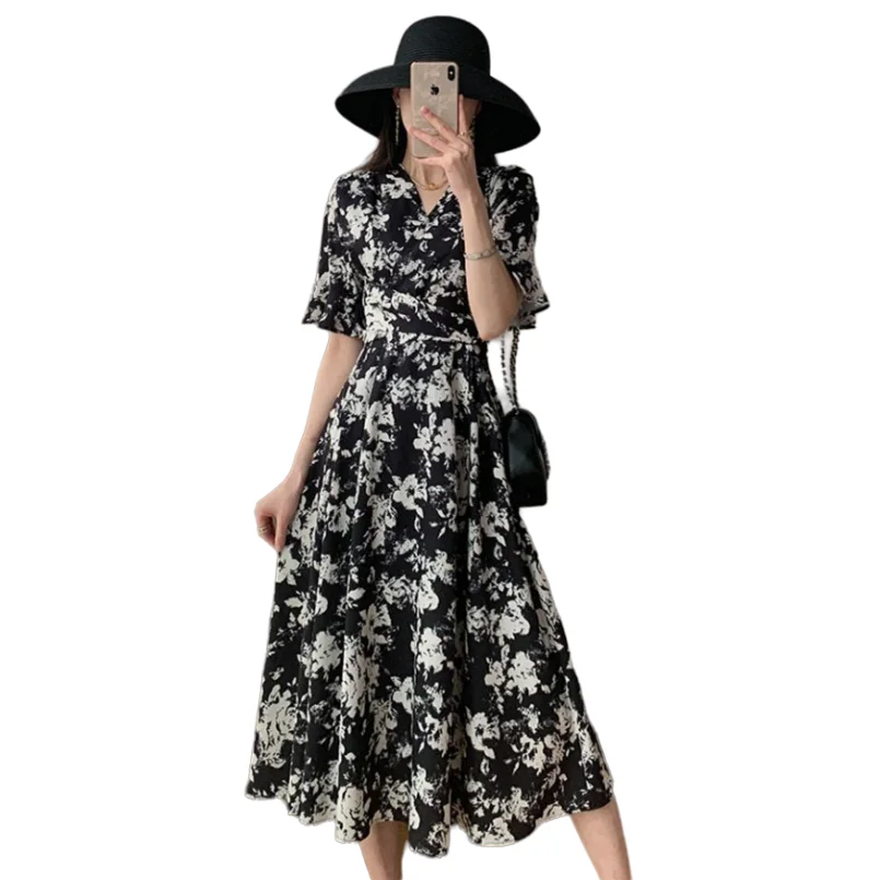 

Summer New Girlish V-Neck Chiffon Long Dress Vintage Printed Waistband Slim Half Sleeves Temperament Fashion Mid-Calf Vestidos