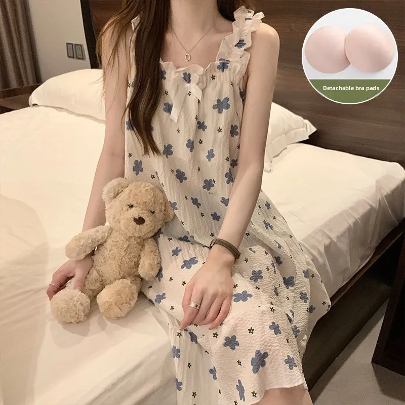 

Summer Size plus Pure Cotton Sleepwear Women's Sweet Strap Home Dress with Chest Pad Mid-length Print Plant Floral Home Clothes