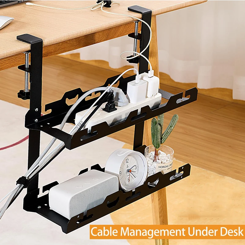 

No Drill Sturdy Steel Under Desk Cable Management Tray Cord Hider Raceway Metal Cable Tray Strip Cord Holder for Wire Management