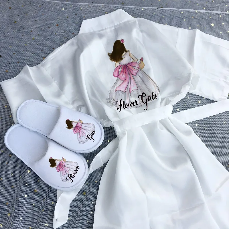 Customized Flower Girls Kid Satin Robe Wedding Bachelorette Bridal Shower Party Proposal Marriage Decorations For Children