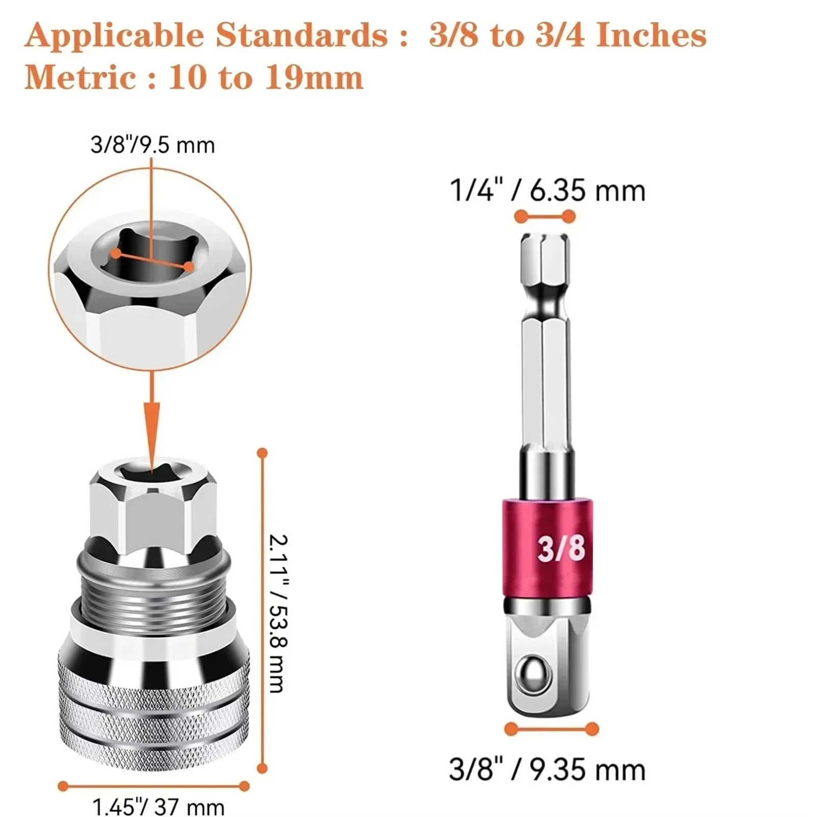 2-teiliges Universal-Steckschlüssel-Set, 10–19 mm (3/8"–3/4"), selbstjustierender Steckschlüssel mit 1/4"-Sechskant- auf 3/8"-Antriebsadapter – Detail 2