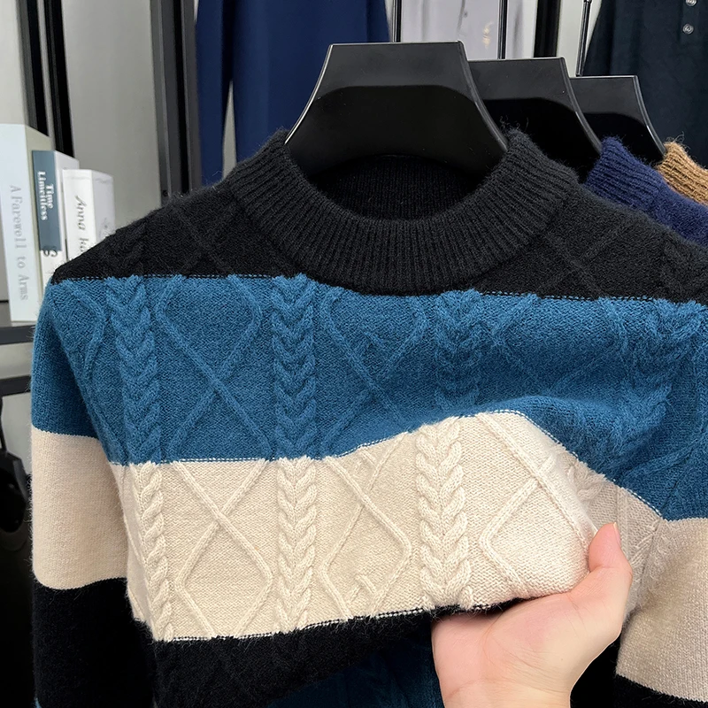 Men's Knitted Sweater Color Block Stripe Design Thickened Warm Crew Neck Autumn Winter Fashion Casual Classic Trend Men's Wear