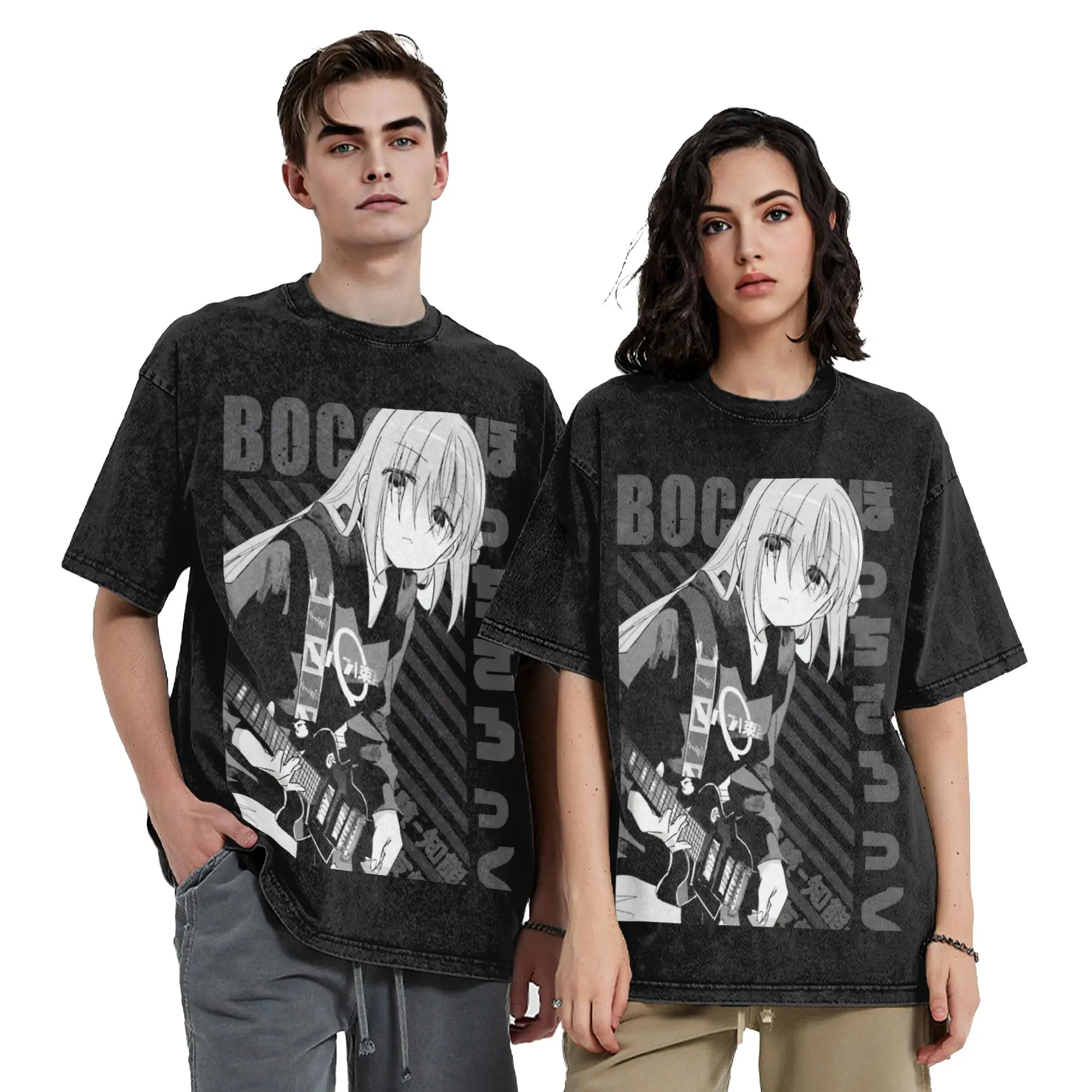 تي شيرت مغسول Bocchi the Rock Hitori Gotou الهيب هوب تي شيرت كبير الحجم أنيمي الشارع الشهير 100% قطن مطبوع بلايز تي شيرت الرجال