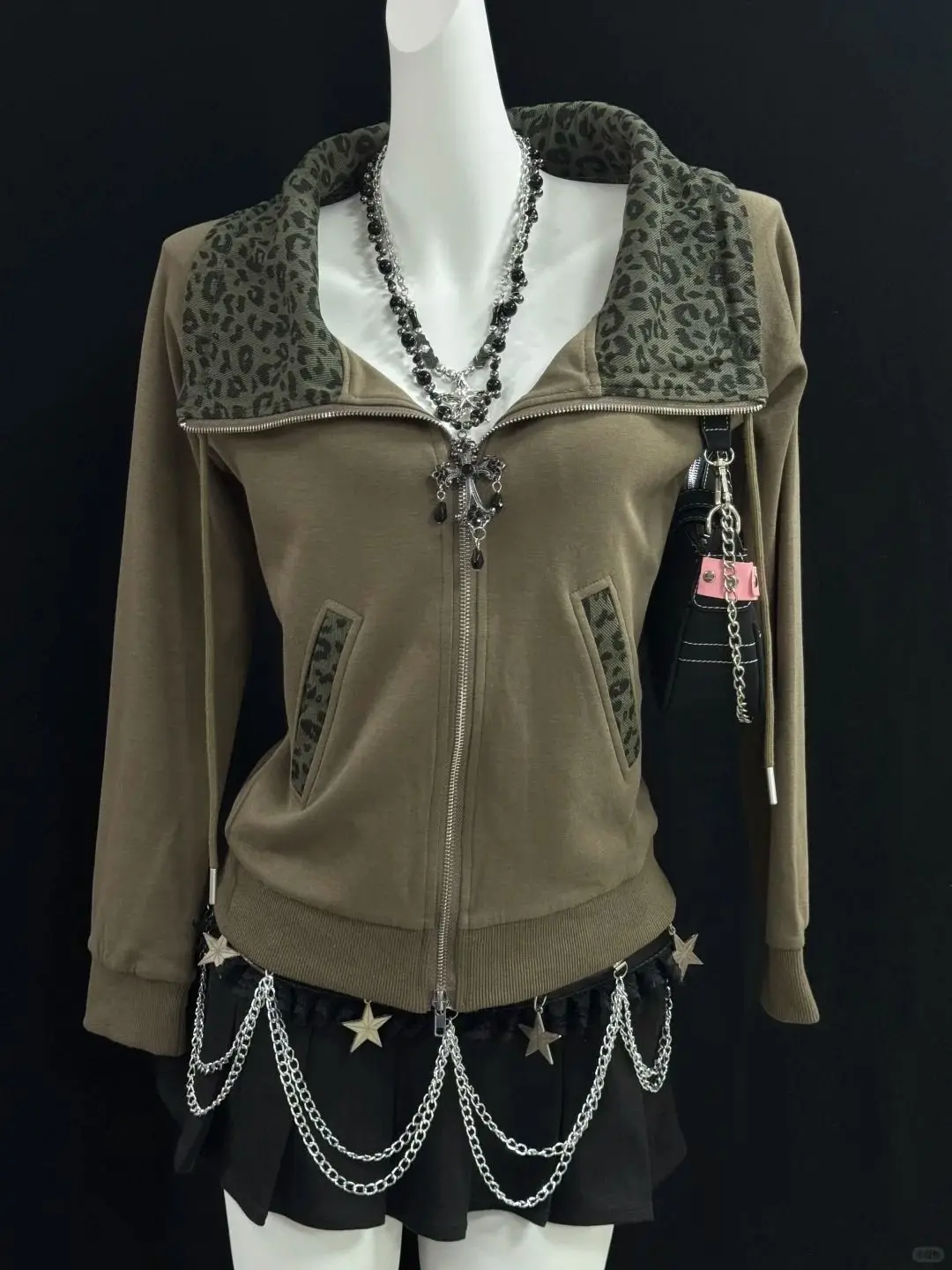 Felpa con cappuccio da donna Felpa gotica Hip Hop Sexy Streetwear Donna Cappotti con zip Top slim con stampa leopardata Felpe con cappuccio Harajuku Emo Girl Punk