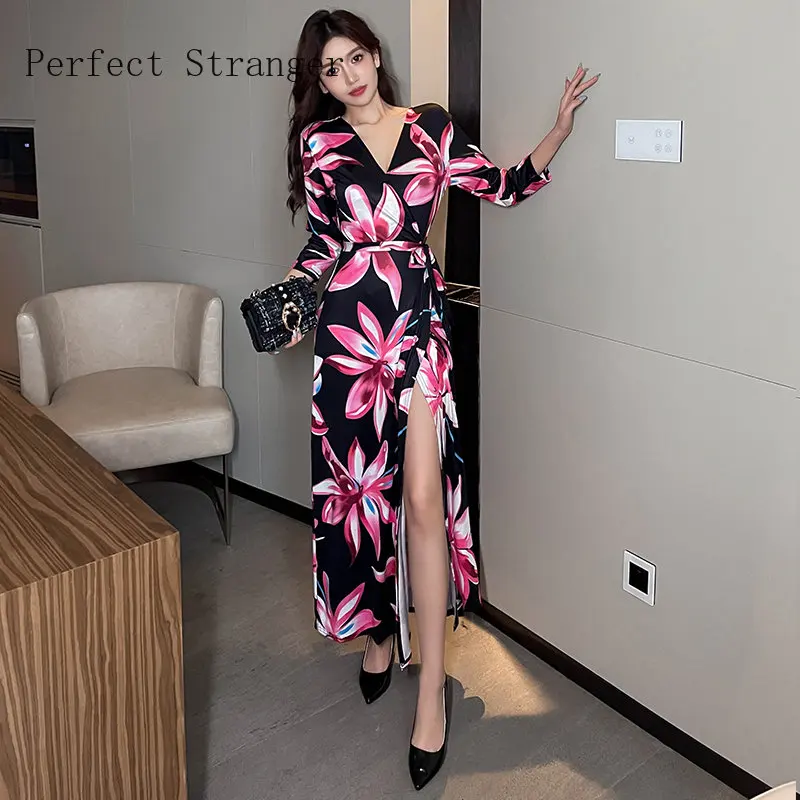 2024 Summer Women Dress Long Bodycon Female Vintage Flower Printed Three-quater Sleeve Beach Women Jag Dresses Casual Vestido