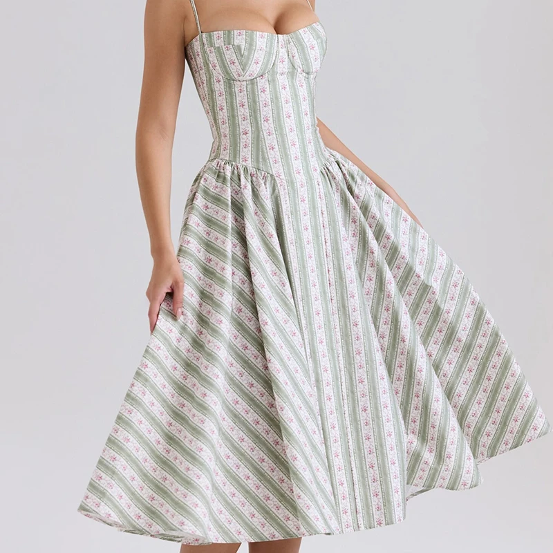 สีเขียวลายดอกไม้พิมพ์สปาเก็ตตี้เซ็กซี่ชุดผู้หญิง A-Line Midi วันหยุดปาร์ตี้ฤดูร้อน Robe
