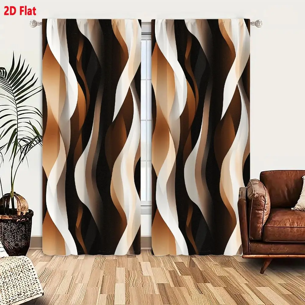 2Pcs Curtains 2D Flat Abstract Pattern Vertical Wavy Ribbon Shapes Brown Beige White Black Smooth Undulating Flowing Dynamic Vis