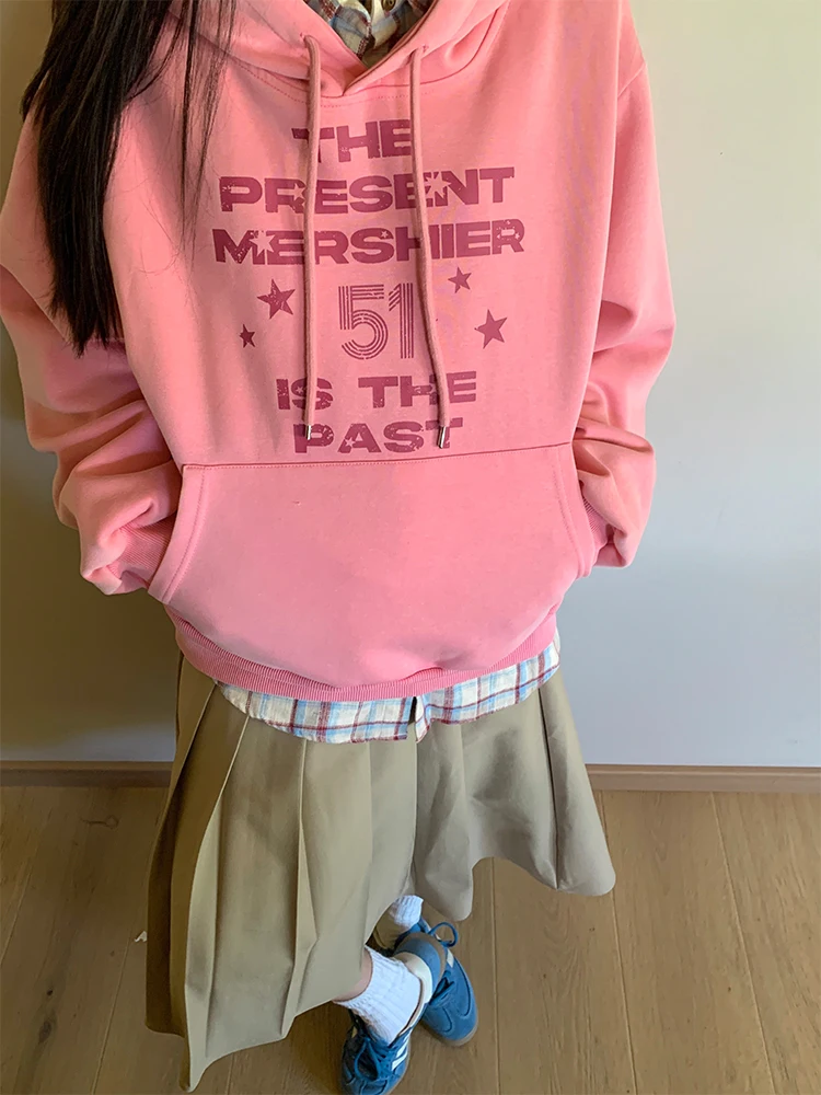 

Korean Sle Long Sve Hoodie Letter Print Sweatirt Cotton Girls Sweet College Sle Loose Fit Comfortable Polyester Blend