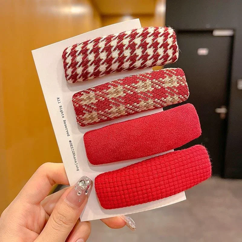 Christmas and New Year Red - Colored BB Clips for Women Houndstooth Velvet - Edged Clips Sponge - Thickened Hairpins Bang Clips