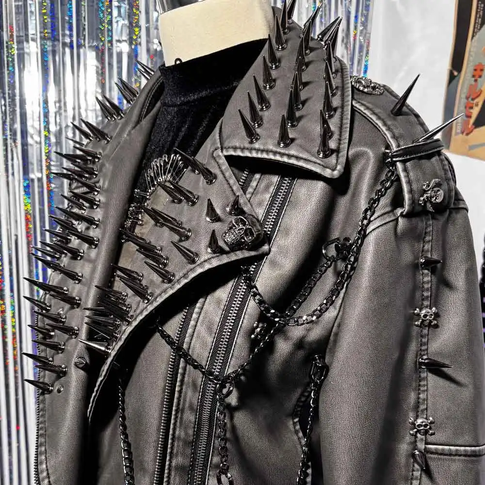 Y2K PUレザージャケット パンクロック ゴシック グランジ トレンド チェーン E-girls コート ヴィンテージ エモ 原宿 スパイク スタッズ リベット ハンドメイド ゴス