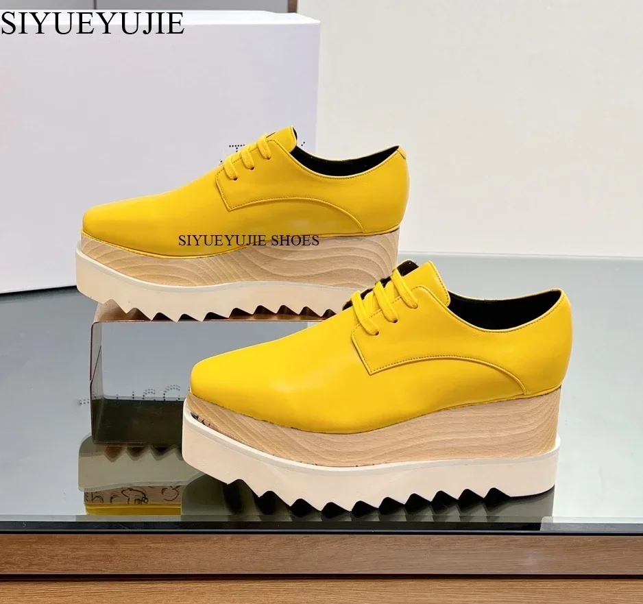 

Woman Loafer Stars Women Square Toe 2024 Lace-Up Thick Bottom Platform Wedge Shoes Height Increasing Star Thick Soles Korean