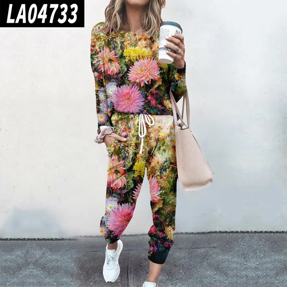 Women Floral Print Pullover Tracksuits Two Piece Sets Spring Sweatshirts Track Pants Joggers Sweatpants Sweatsuits