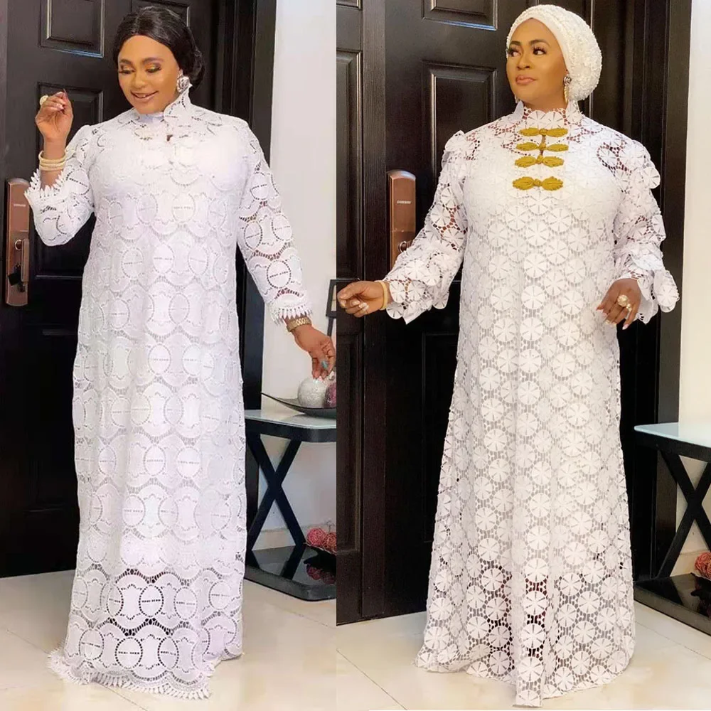 Vestido de encaje blanco para mujeres africanas Abaya Dubai caftán marroquí vestidos largos sueltos Eid Ramadán ropa islámica Dashiki africano