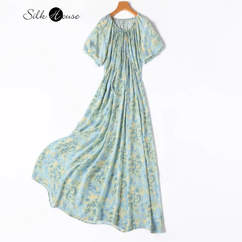 Blue Floral Print Elegant Vacation Style V-neck 100% Natural Mulberry Silk Crepe De Chine High Waisted Elongated Women's Dress