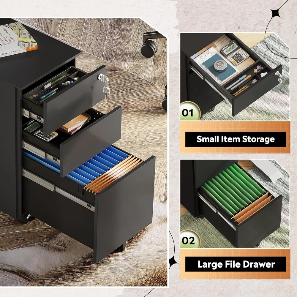 خزانة ملفات معدنية ذات 3 أدراج مع قفل، خزانة ملفات رفيعة تحت المكتب للاستخدام المنزلي والمكاتب #5