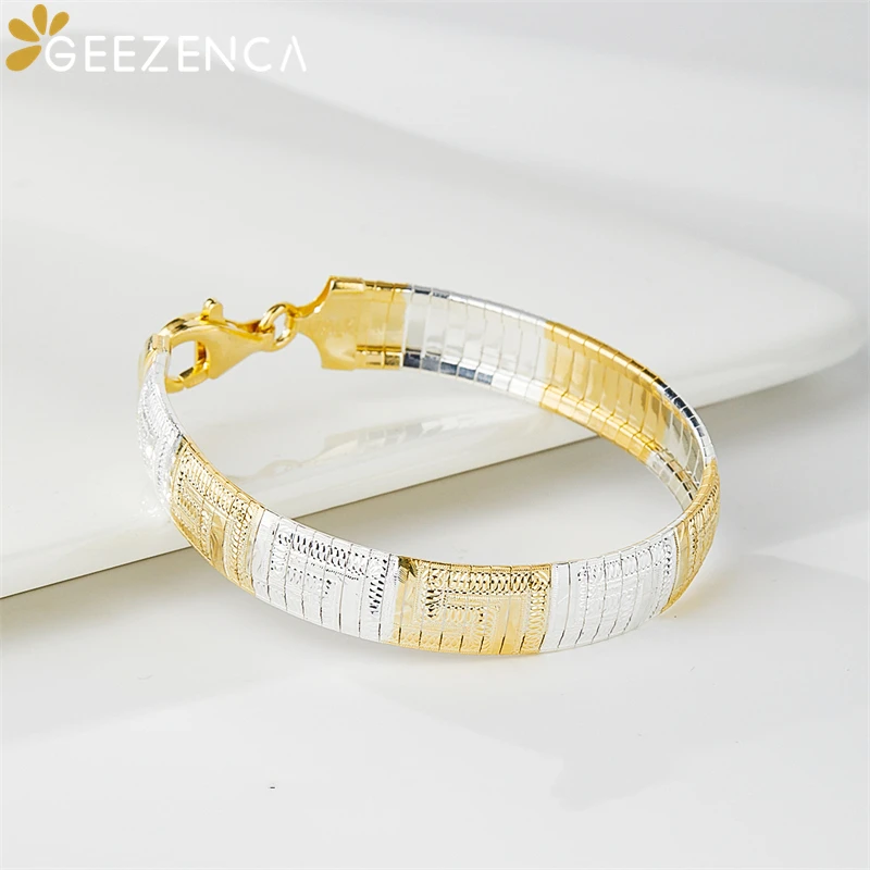 GEEZENCA Italian Sparkling 925 Sterling Silver Two Tone Geometric Texture Bracelet For Women Chic Luxury 1cm Width Bracelets