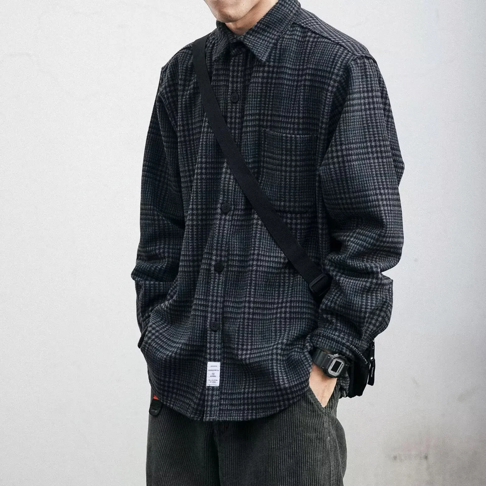 2024 Spring Vintage Japanese Men's Casual Top Artistic Simple Plaid Pocket Long Sleeve Niche Shirt Trendy