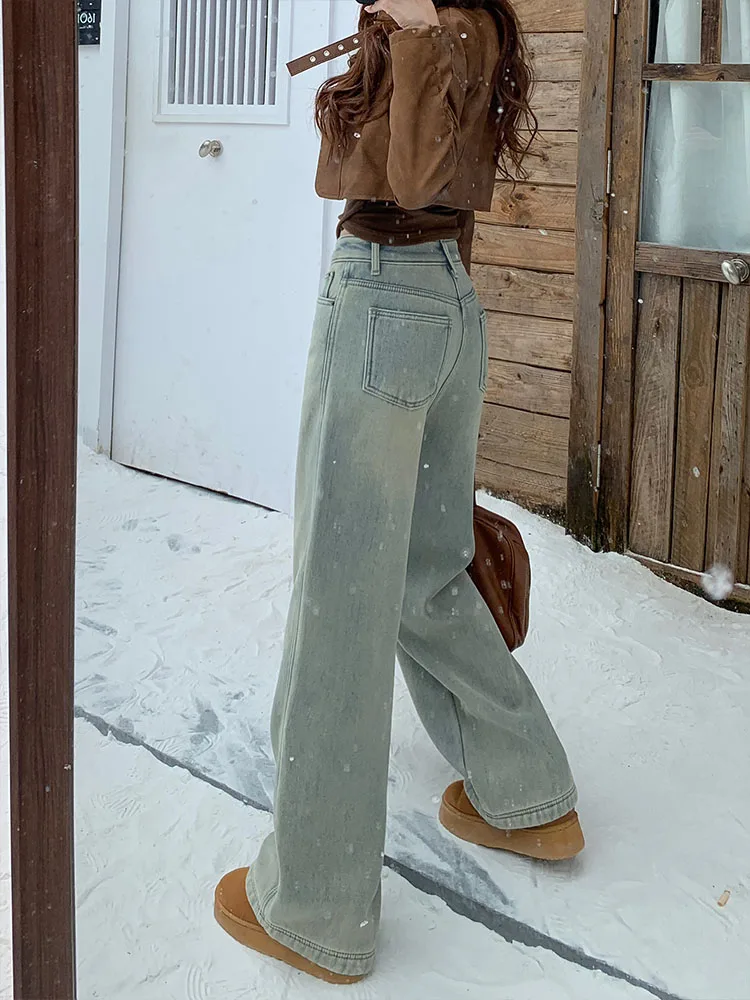 Retro americano fce forrado perna larga jeans feminino cintura alta versátil emagrecimento solto drapey calças de corte reto