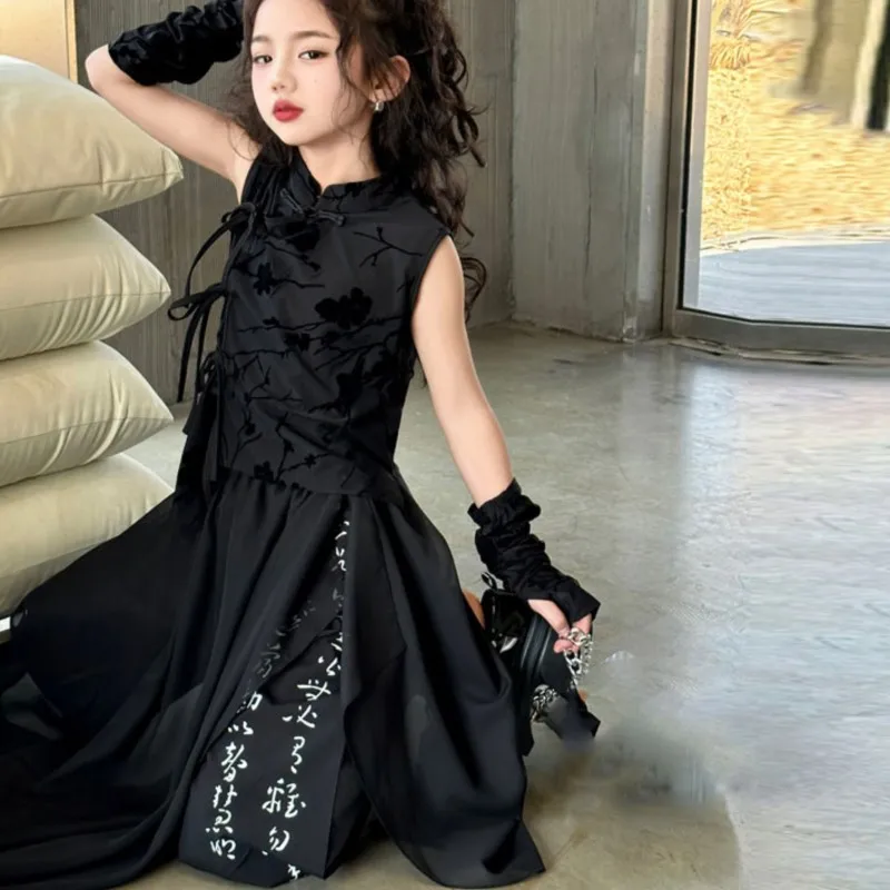 

2026 New Girls' Chinese Style Cheongsam Skirt Children's New Sleeveless Qipao Dress Kids' Retro Black Buckle Skirt LJ621