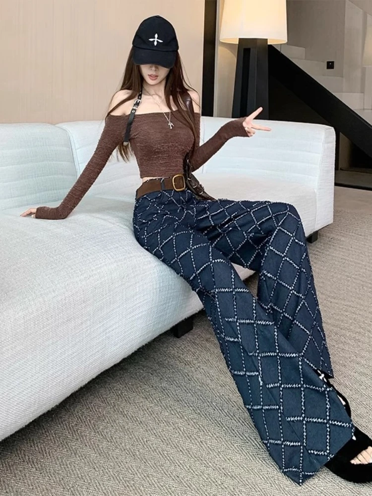 Damskie jeansy żakardowe w stylu vintage na jesień/zimę 2025, modne spodnie z wysokim stanem i szerokimi nogawkami, codzienne, uniwersalne, proste spodnie.