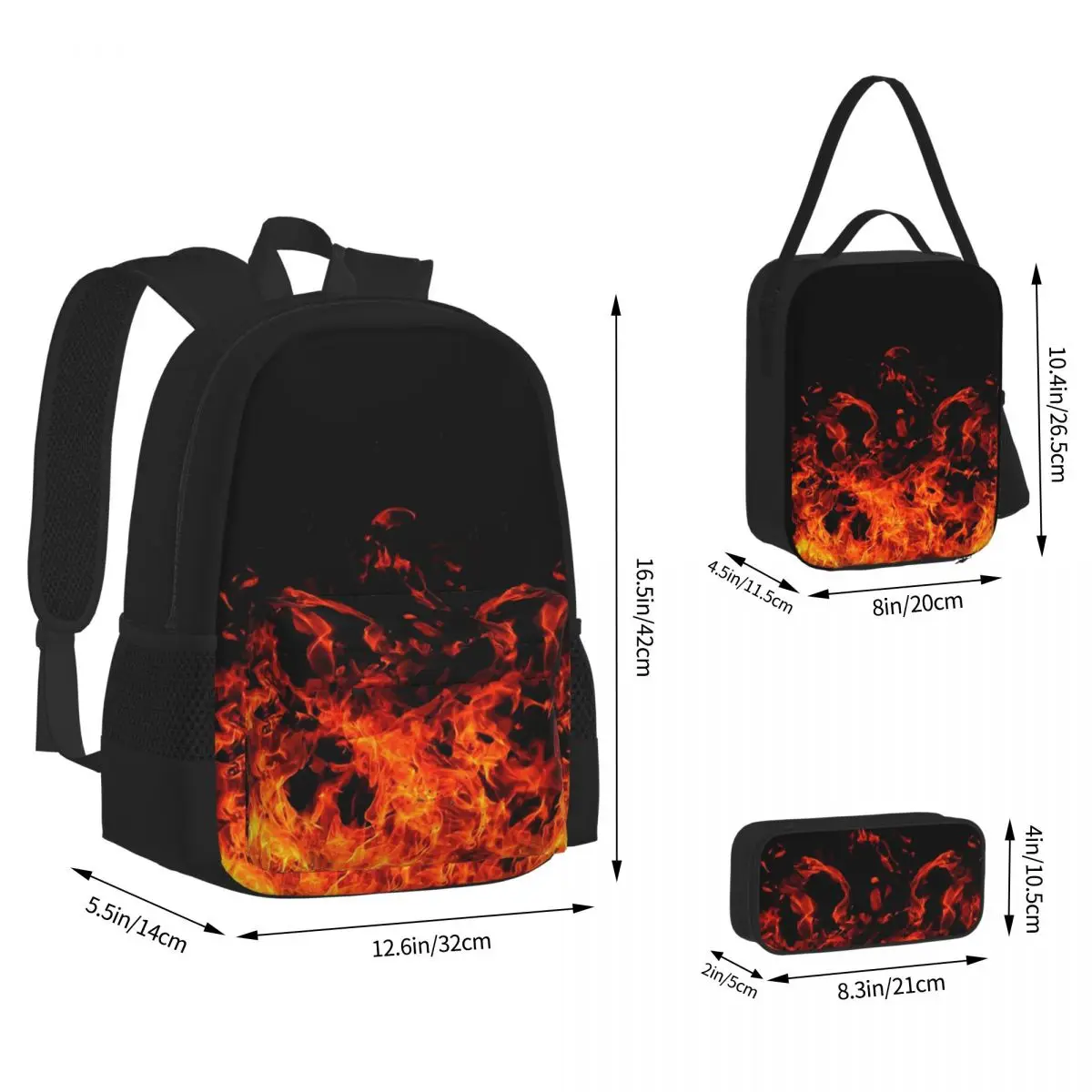 Flame Patterns Of Fury Backpacks Boys Girls Bookbag School Bags Rucksack Lunch Bag Pen Bag Three-Piece Set