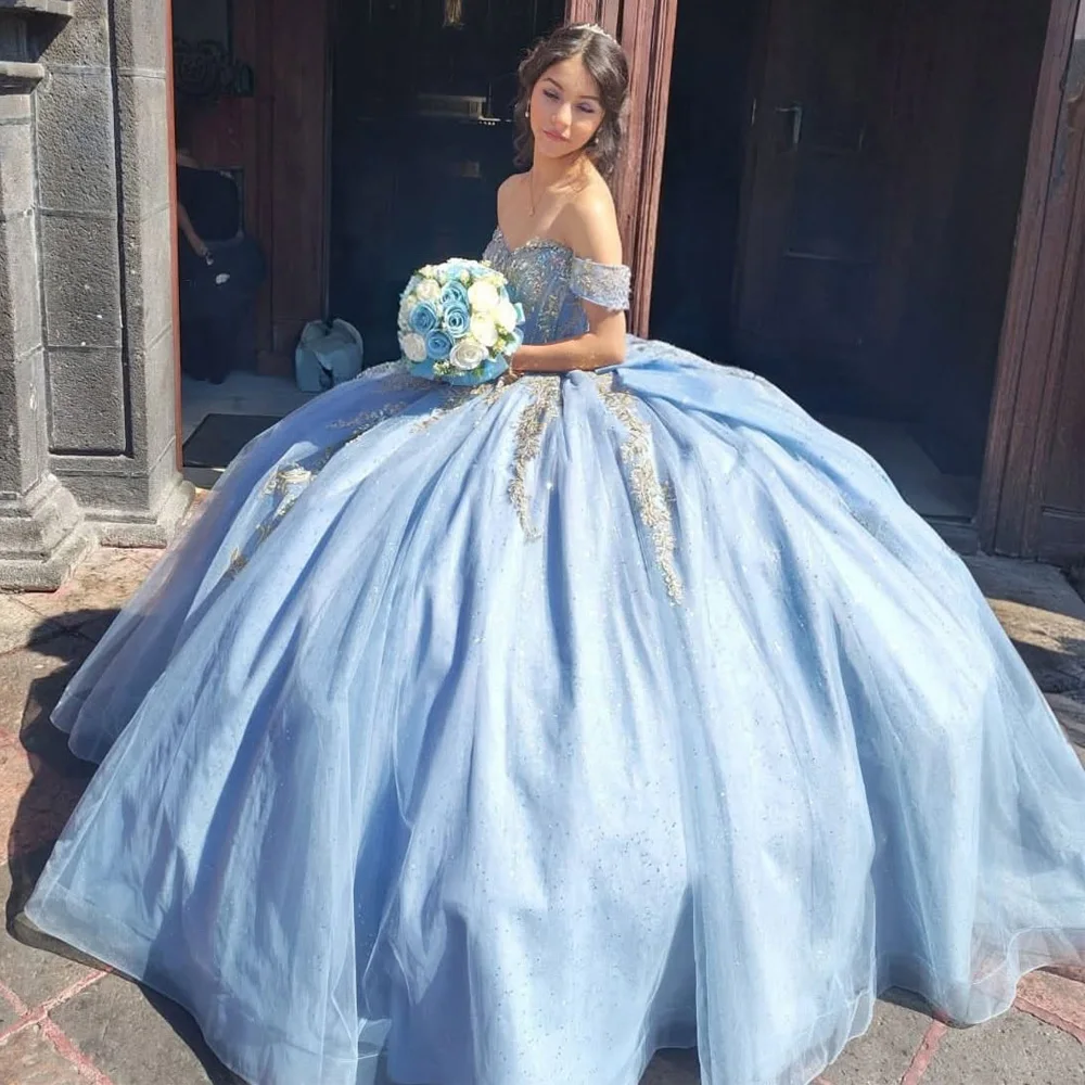 

Sky Blue Quinceanera Dresses for Girl Off the Shoulder Appliques Vestidos Para Quinceanera Customized