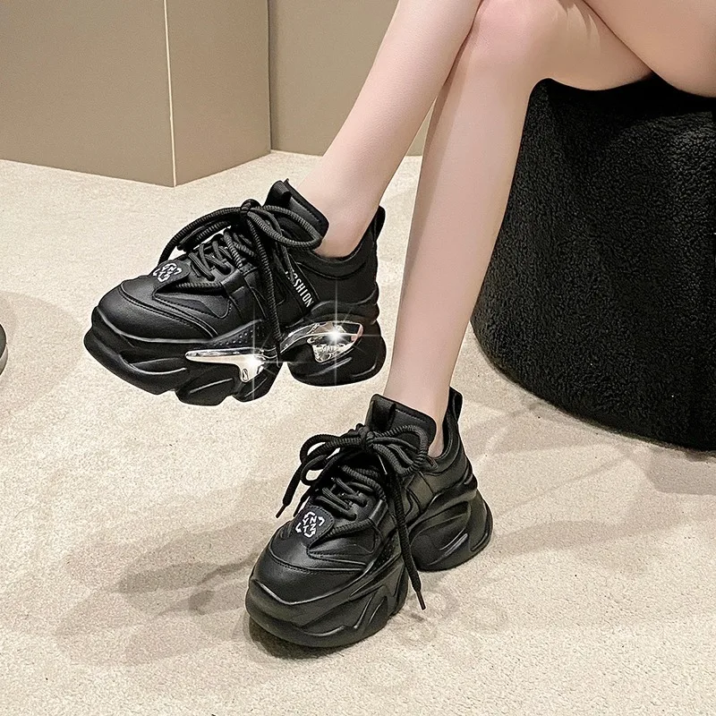 Top quality Women Genuine Leather Sneakers Autumn Lace up 6CM Platform Shoes Thick Sole Sport Walking Chunky Shoes Woman Spring