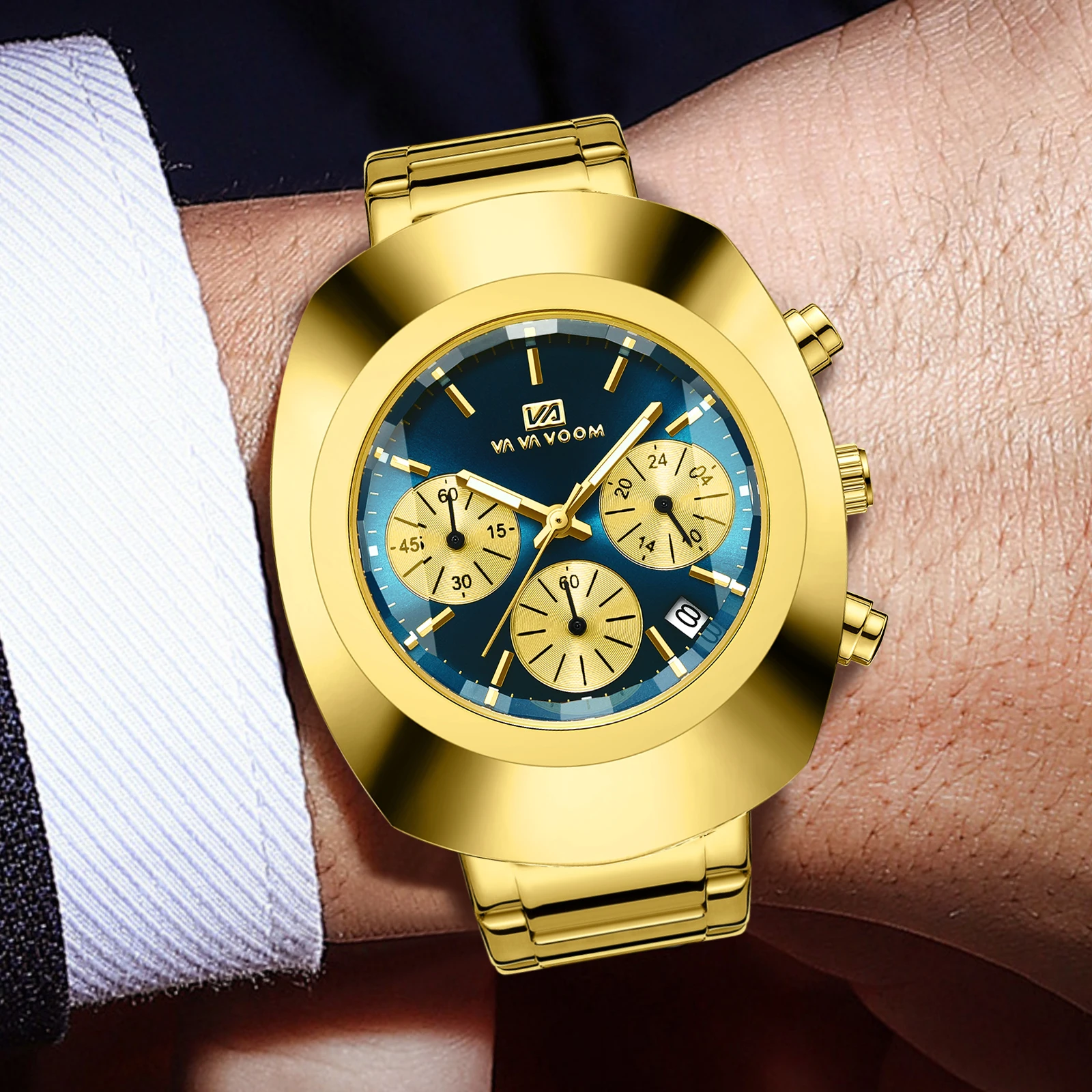 ساعة كوارتز متعددة الوظائف للرجال، حزام من الفولاذ المقاوم للصدأ، نمط عمل ذهبي أزرق، ساعة يد رياضية بيضاوية عصرية