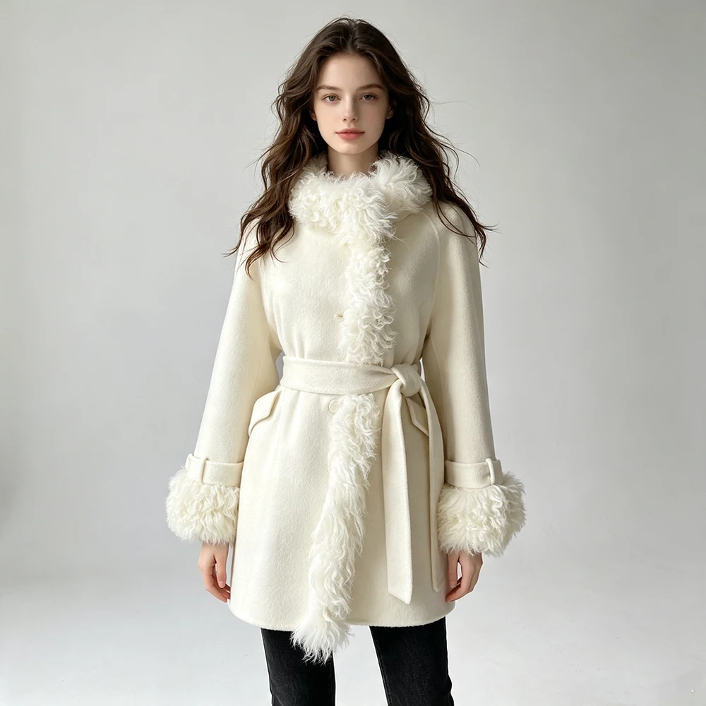 Jaxmonoy Women's Wool Coats with 100% Real Sheep Fur Collar and Cuffs Elegant Belt Winter Jacket 2026 Fall Outerwear New Arrival