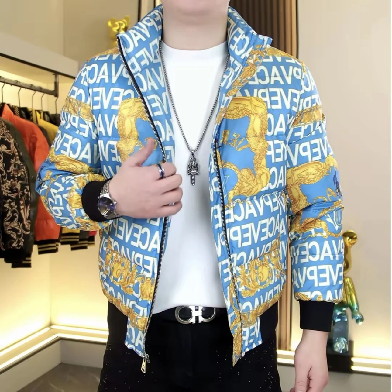 

Мужское пуховое пальто с цифровым принтом и воротником-стойкой Jaet Faion, облегающее теплое хлопковое пальто, европейское зимнее новое поступление, молодежное пальто