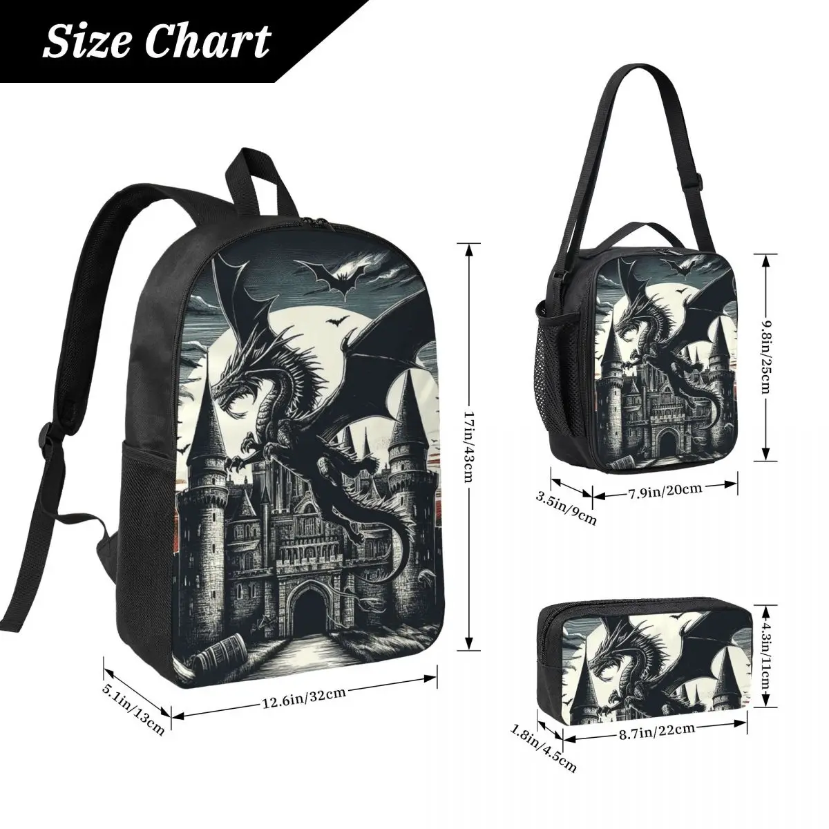 Fantasy Mythical Dragon And Castle Backpack BookBag School Bag Computer Shoulder Bags 3ps Insulated Lunch Bag Pencil Case