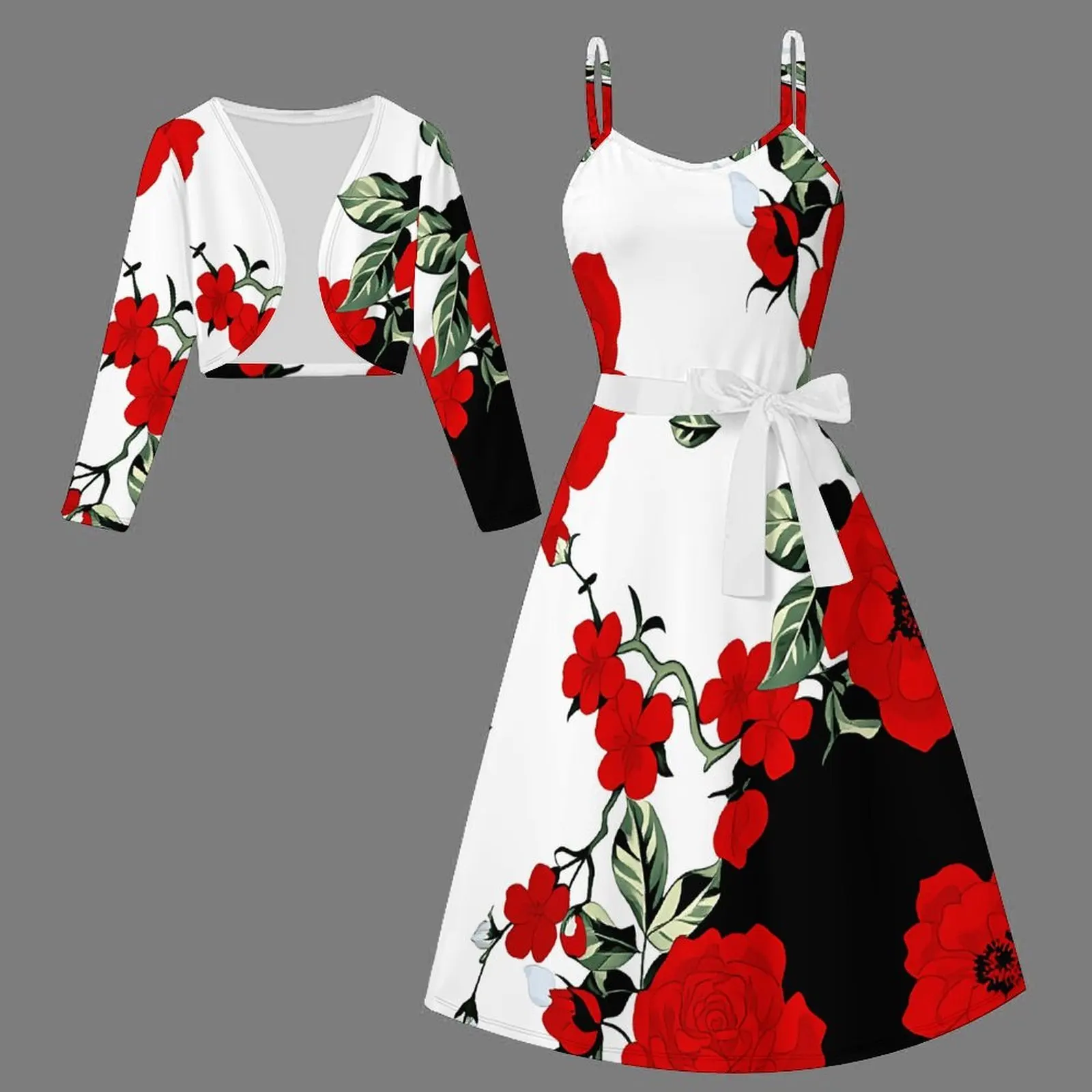2pcs Beach Vacation Sleeveless Skirt Fashion Slim Coat Women's Retro Printed Midi Skirt Elegant Clothing Camisole Dress