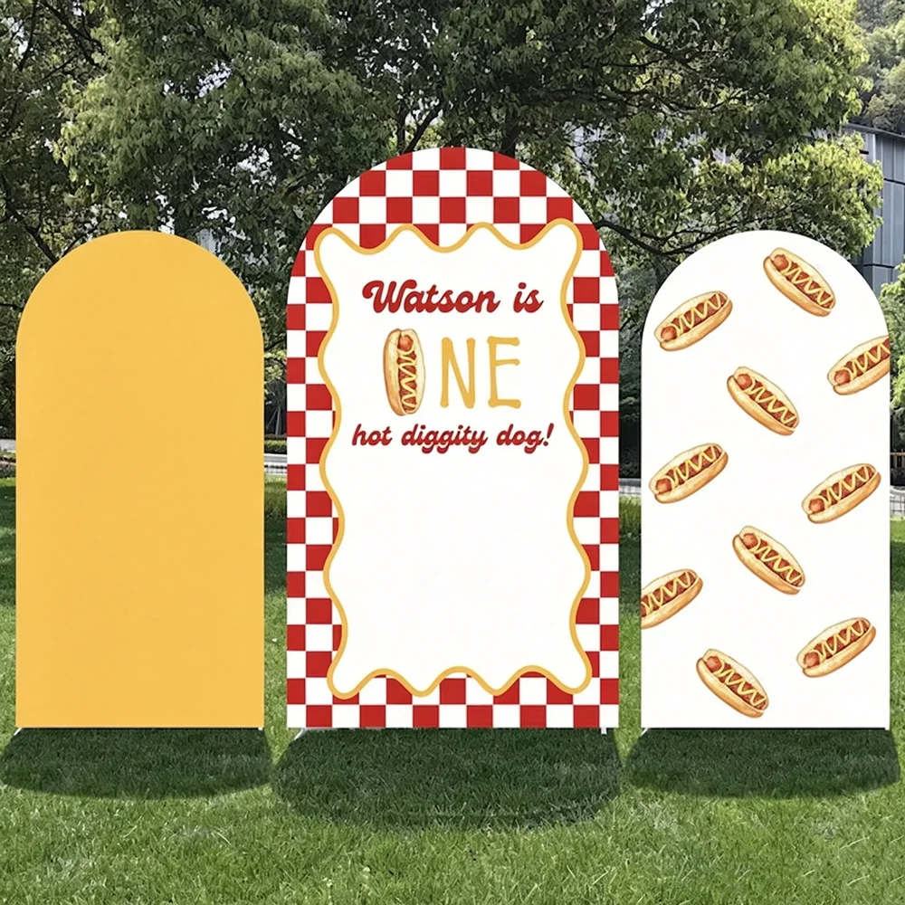 LS Custom 2-Sided Hot Dog Theme Red White Plaid Pattern Birthday Baby Shower Covers Chiara Arch Background Decor Backdrop Photo