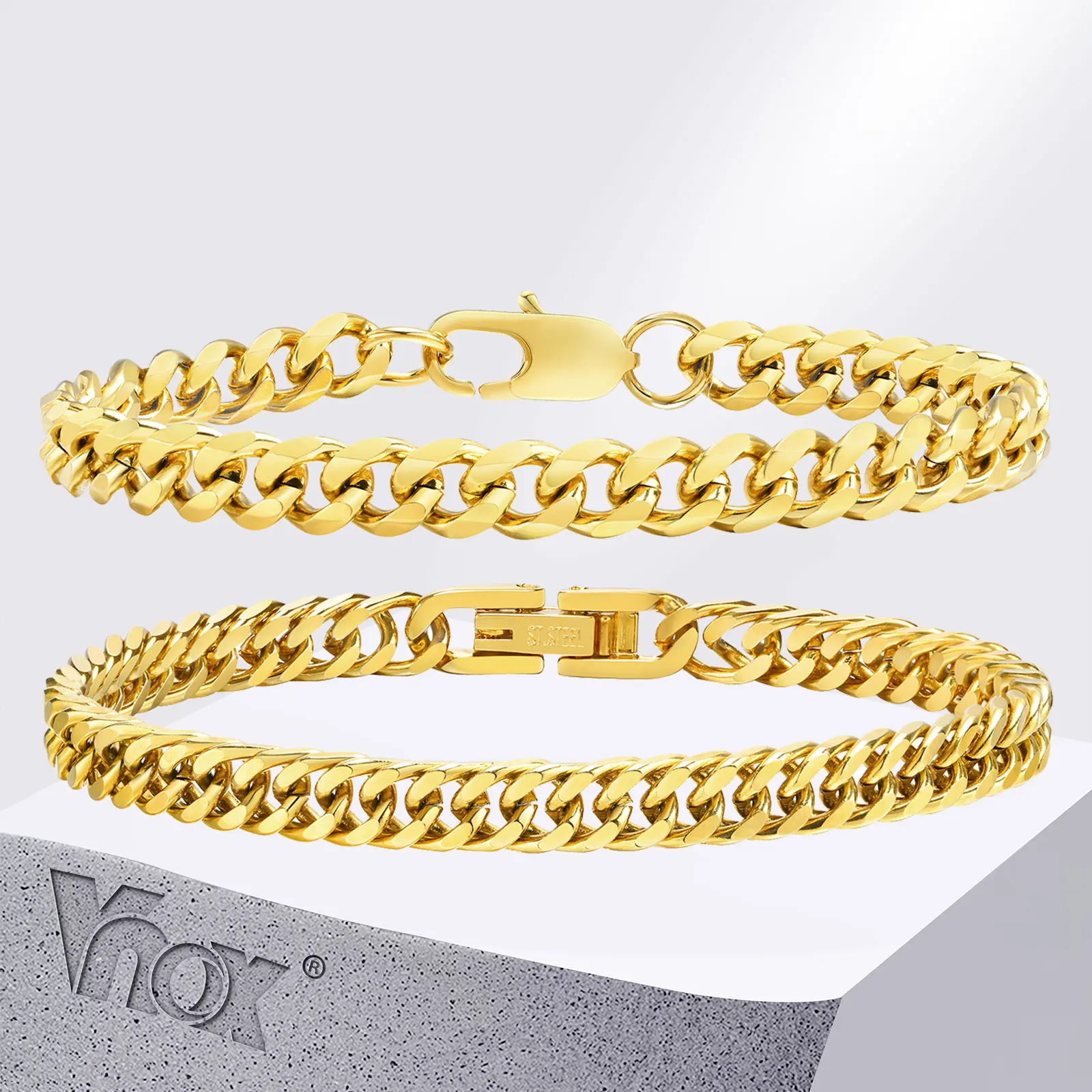 Vnox 2 pieces Cuban Chain Bracelets for Women Men, Gold Plated Unisex Stainless Steel Curb Links Wristband, Stacked Bracelet