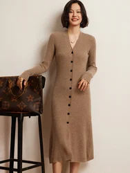 Women Cashmere Sweater Long Dress Autumn Winter V-Neck Slim Solid Soft Cardigan 100% Goat Cashmere Knitwear Korean Popular Dress