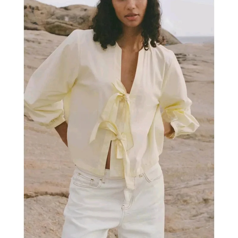 

Summer Women's Cheered Knot Belted Silk irt Top Color Blo Stitching Design Long Sve V-Ne Polyester Fiber