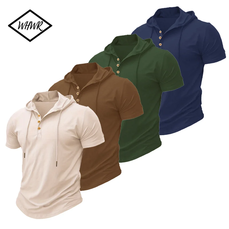 

Новинка лета 2025 года, мужская повседневная толстовка с короткими рукавами, пуловер с пуговицами и шнурком, мягкий спортивный топ для тренировок