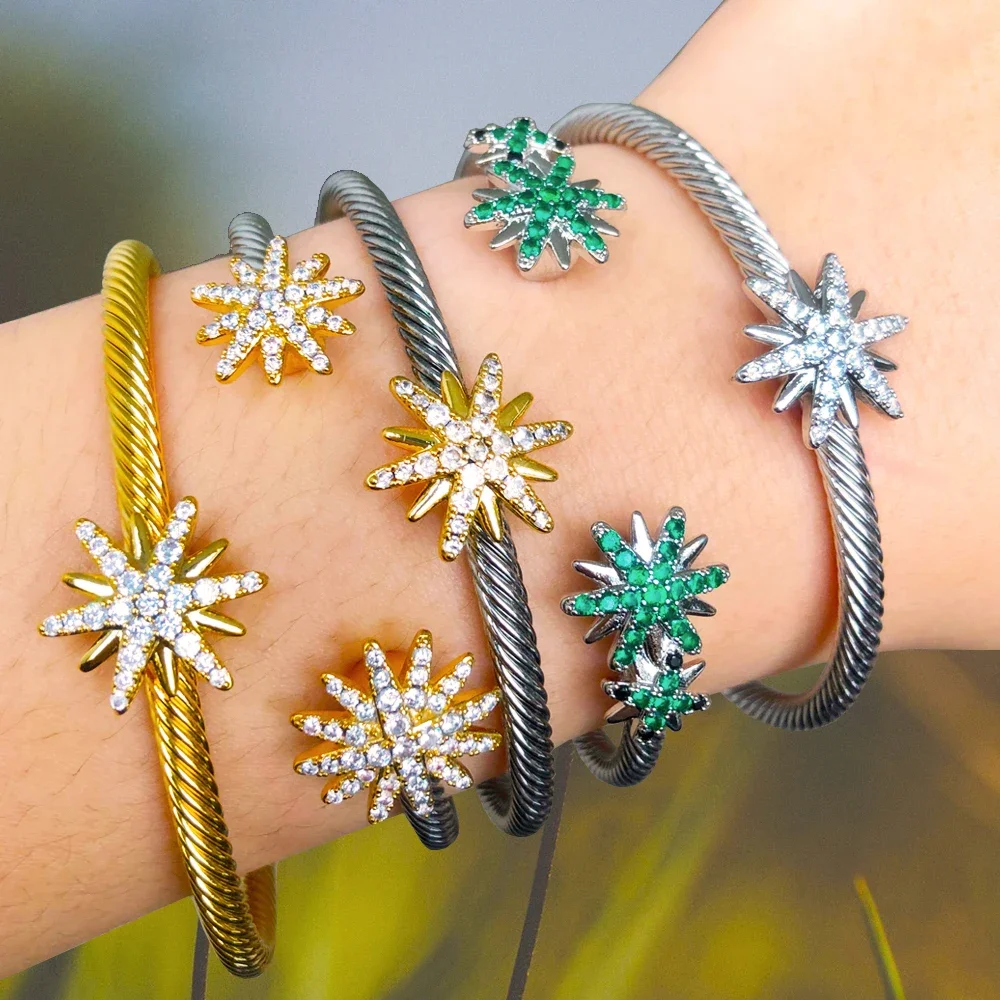 

Soramoore Original Design Stackable Bangle For Women Bridal Wedding Cubic Zircon OPen Bangle Dubai Bracelet Party Jewelry