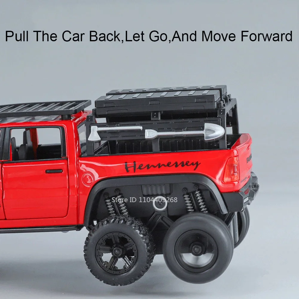 1:32 RAM 1500 Tyrannosaurus Rex Modello di auto Giocattolo Assorbimento degli urti Suono Luce Tirare indietro 6X6 Veicoli fuoristrada Regali di festa