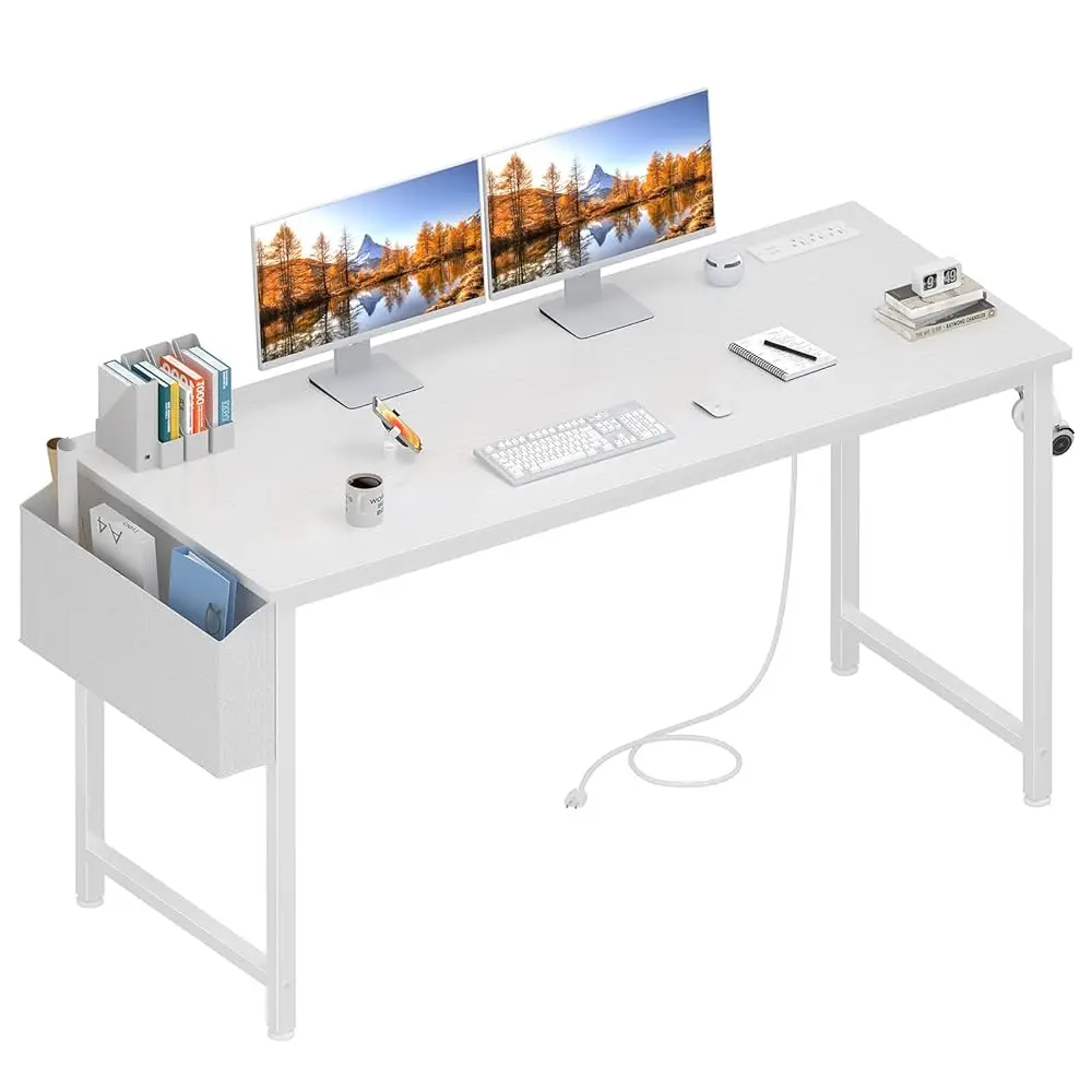 

White Computer Desk With Power Outlet, 55 H Teen Study Table Home Office Work Writing Gaming Desks With Charging Station