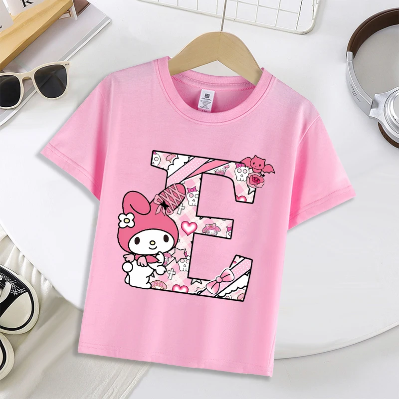 내 멜로디 핑크 편지 A-Z 티셔츠 반팔 여름 코튼 소녀 의류 패션 만화 Sportwear 어린이 생일 파티 셔츠