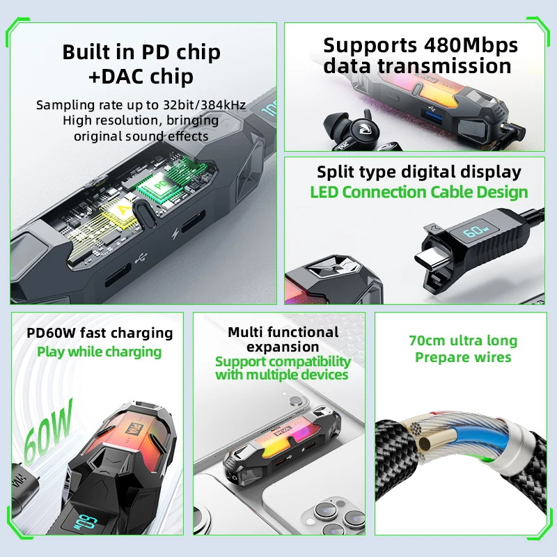 PIVA 4 w 1 Karta Dźwiękowa Adapter Stacja Dokująca Type-C PD60W DAC 32bit/384kHz 3.5MM USB2.0 3-stopniowy EQ Tuning RGB do PUBG — zdjęcie produktu 2