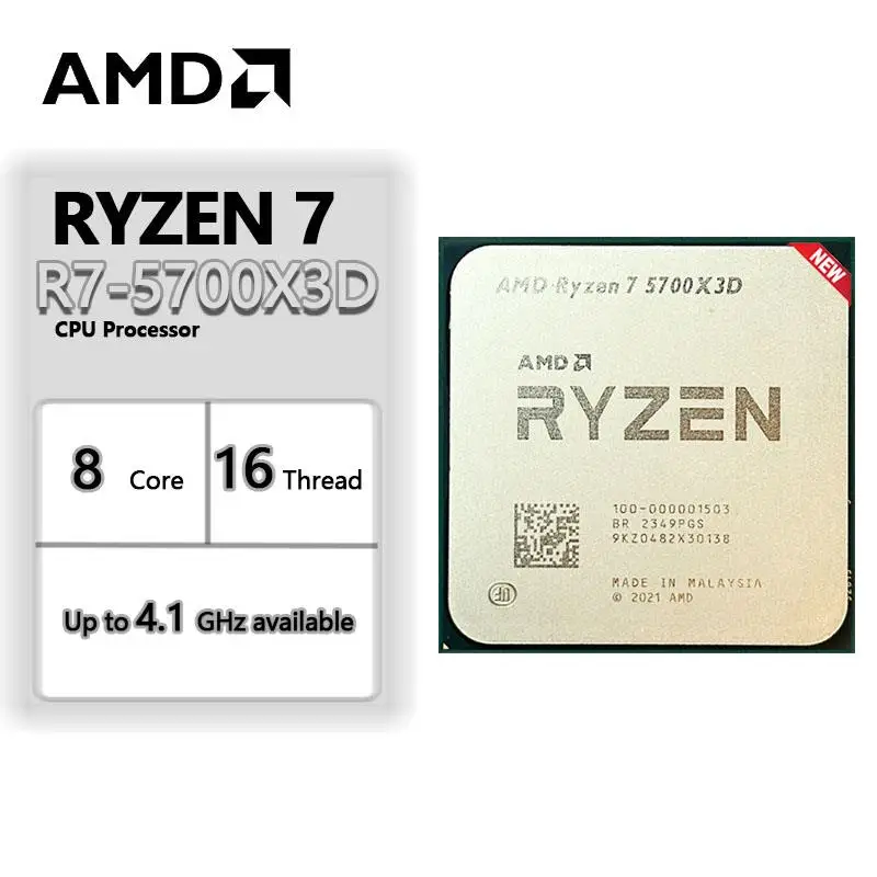 AMD R7 5700X3D New Ryzen 7 5700X3D 4.1 GHz 8-Core 16-Thread CPU 7NM L3=96M 100-000001503 Socket AM4 but without fan