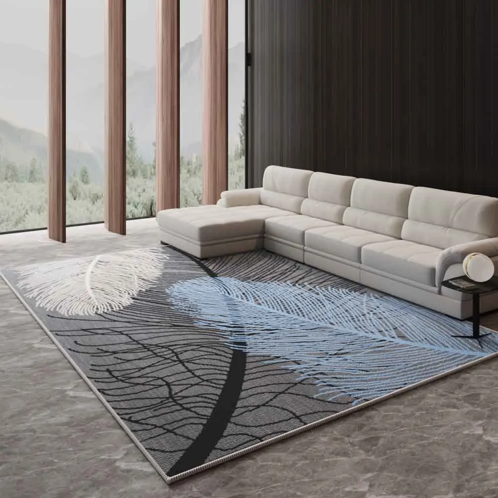 VIKAMA Art Feather Living Room Rug Soft Non‑Slip Grey‑Blue Large Floor Carpet For Bedroom Dining Room Modern Home Decoration