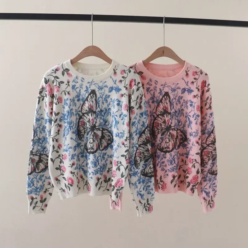 Butterfly Flowers Print Women's Sweater Pullover Long Sleeve Streetwear Contrast Color sweaters Trend Knitted Tops Women Clothes