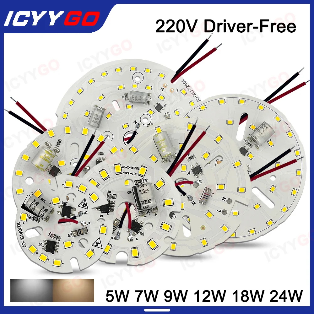 Chip LED 220V bez sterownika 5W 7W 9W 15W 18W 24W żarówka 2835SMD okrągły koralik świetlny DOB AC220V chip żarówki oświetlenie 3000-6000K dwa kolory