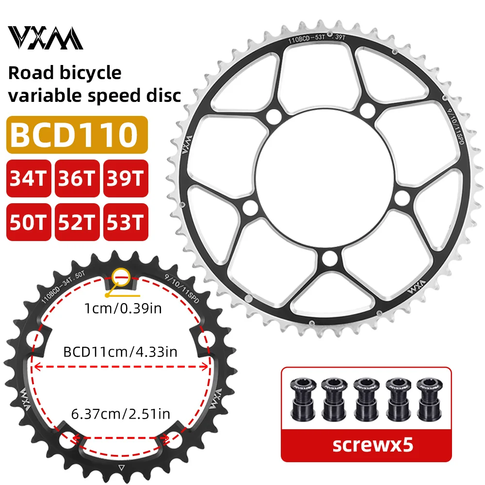 VXM Road Bike Chainwheel 110BCD Crankset Aluminum Alloy Double Chainring Riding 34/50T 36/52T39/53T 5 Bolts Bicycle Cycling Part