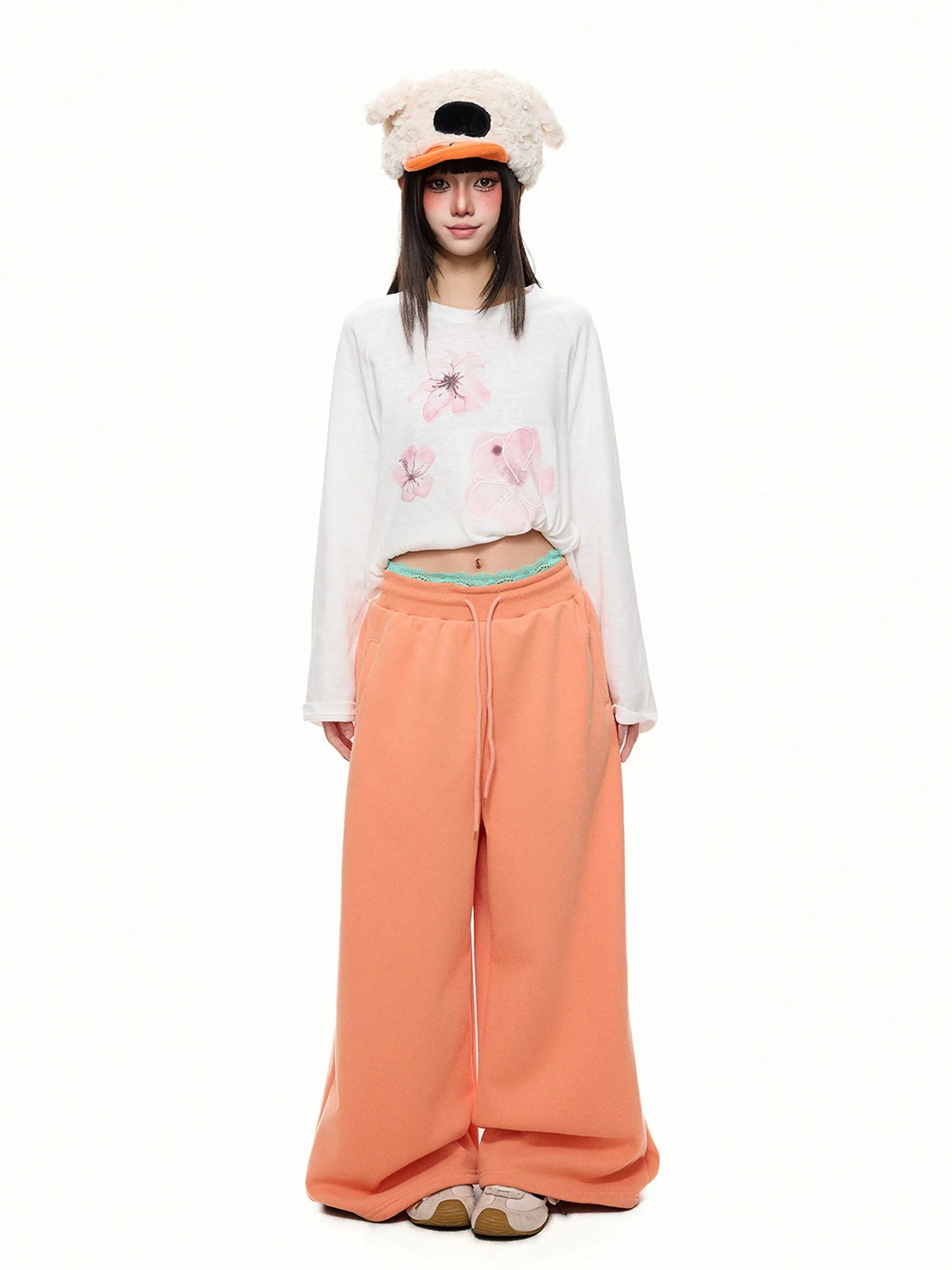 K787 Floral Print High Low Waist American Retro Candy Color Casual Knife  Sweatpants Women's Lace Patchwork Wide Leg Pants