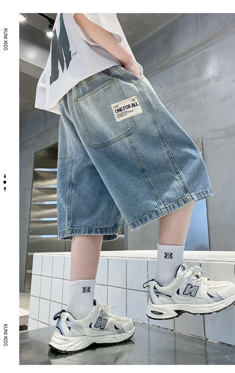 Neue Sommer-Jeansshorts für Kinder, Lässige, Lose Passform, Blauer Farbverlauf, für Teenager-Jungen, Baggy Denim-Shorts, Kinder-Streetwear, Knielange Hosen – Detail 6