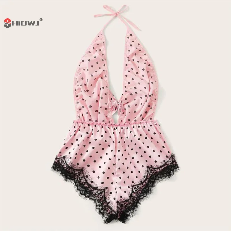 Sexy Deep V Halter Neck Pink Bodysuit Summer Women Sleeveless Romper Lace Trim Pajamas Backless Body Femme Playsuits